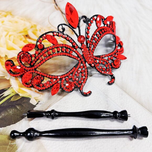Red Masquerade Mask, Crystal Handheld Mask, Black Mask with Stick, Venetian Mask main image 4
